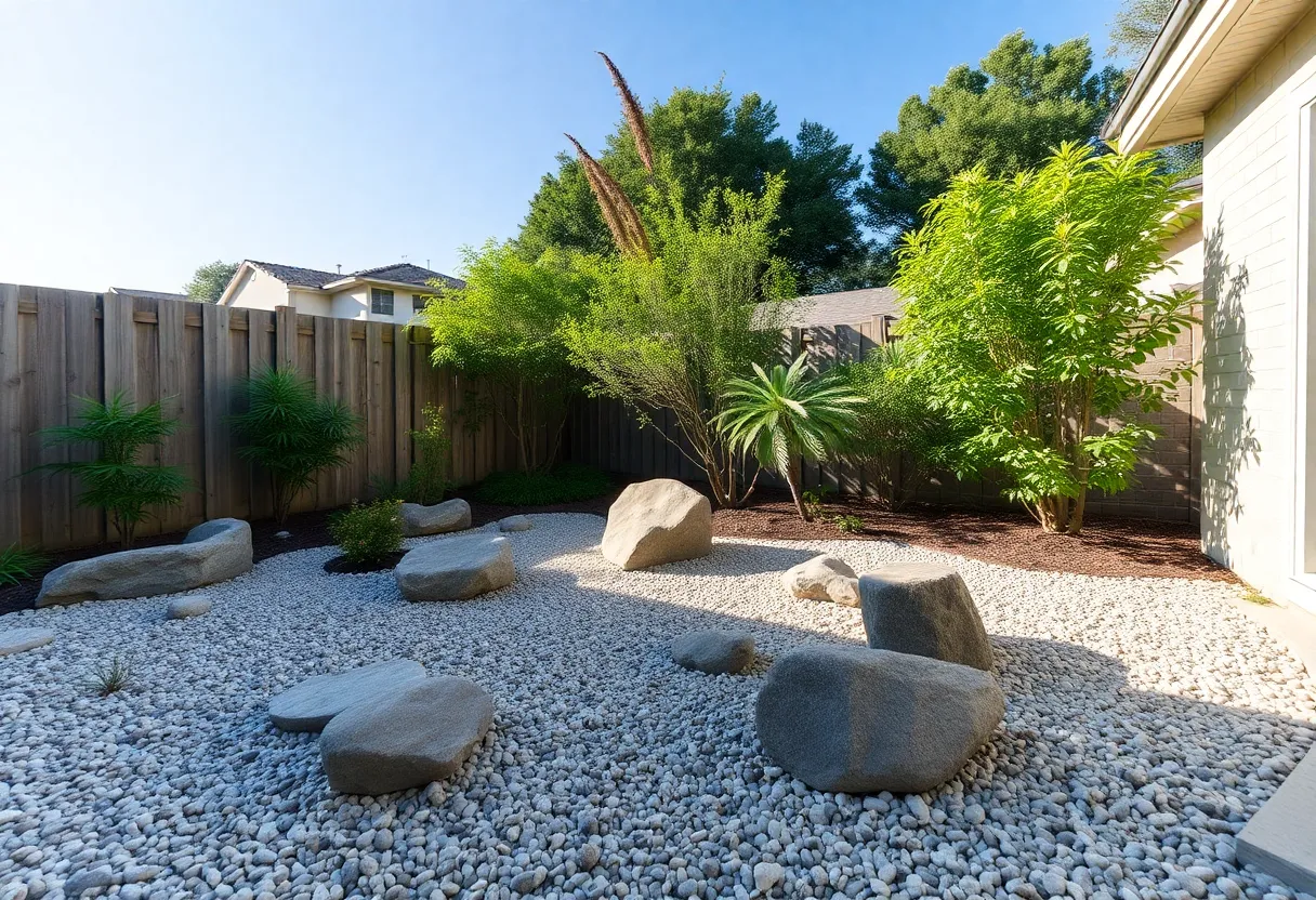 A peaceful Zen garden in Houston featuring natural elements and minimalist design
