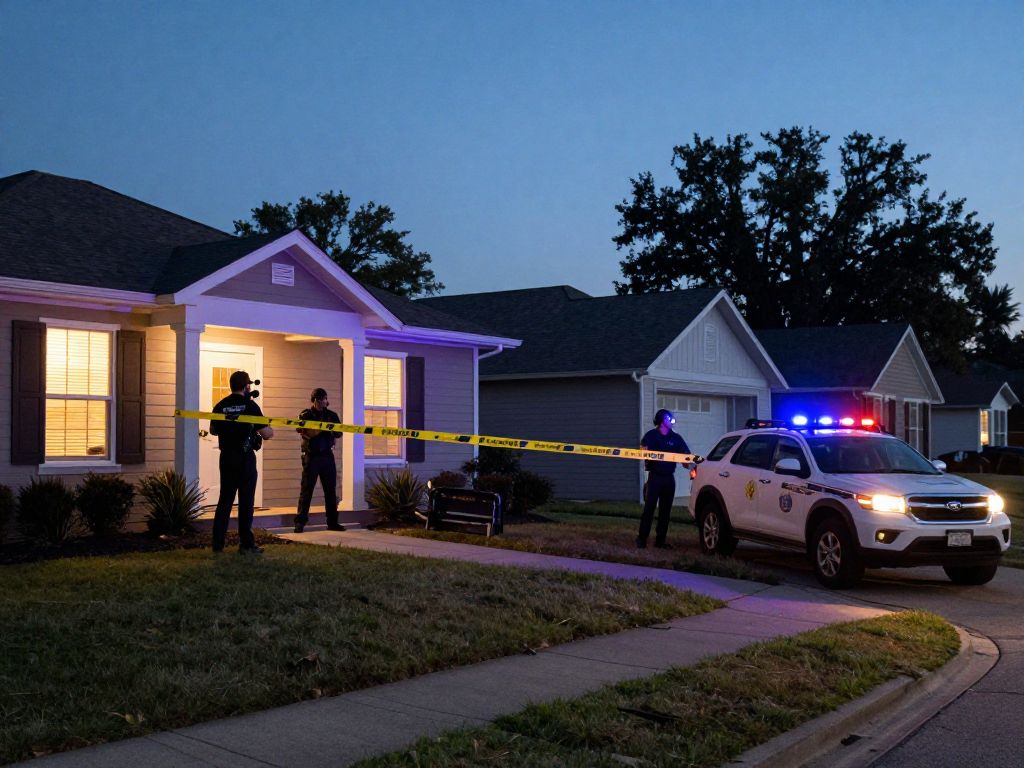 Illustration of a suburban home with police lights in the background, representing a home invasion and kidnapping scenario.