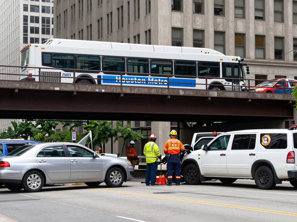 Emergency personnel respond to a Houston Metro bus accident on a bridge.