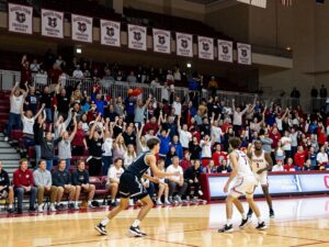 Houston Christian Huskies basketball team playing during a game at Sharp Gymnasium.