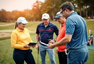 A golfer receiving real-time coaching feedback during a golf lesson.