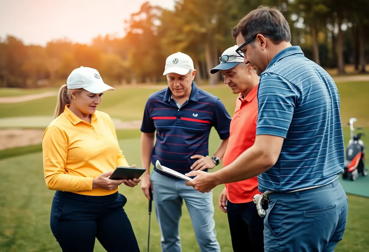 A golfer receiving real-time coaching feedback during a golf lesson.