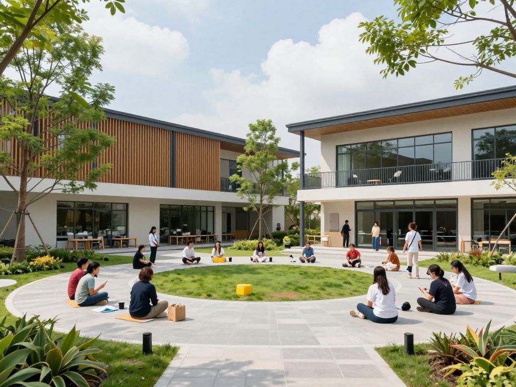 Atascocita Community Center exterior with people engaging in activities.