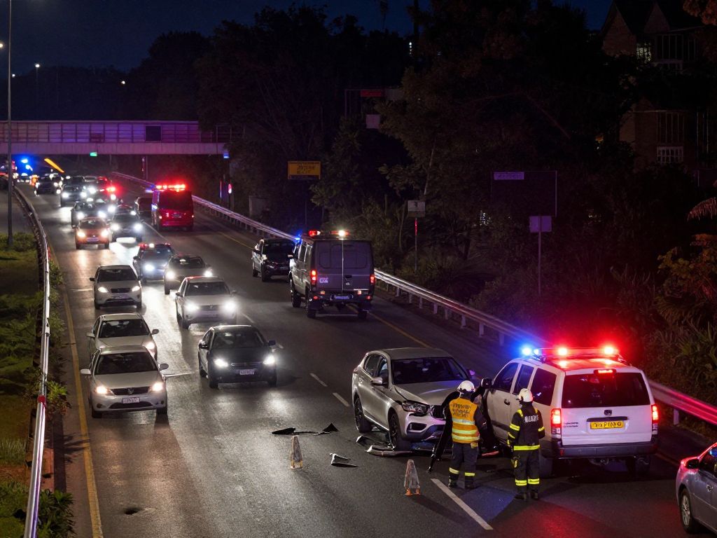 Night scene of a freeway accident with emergency vehicles