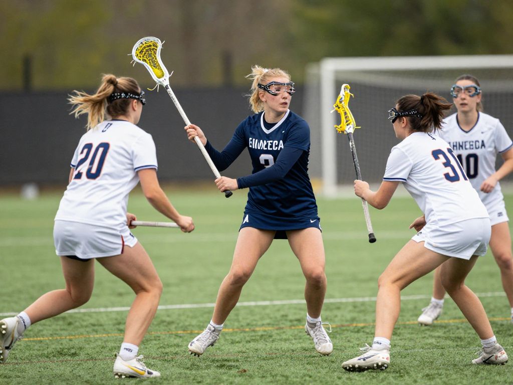 Action shot of a women's lacrosse game in progress