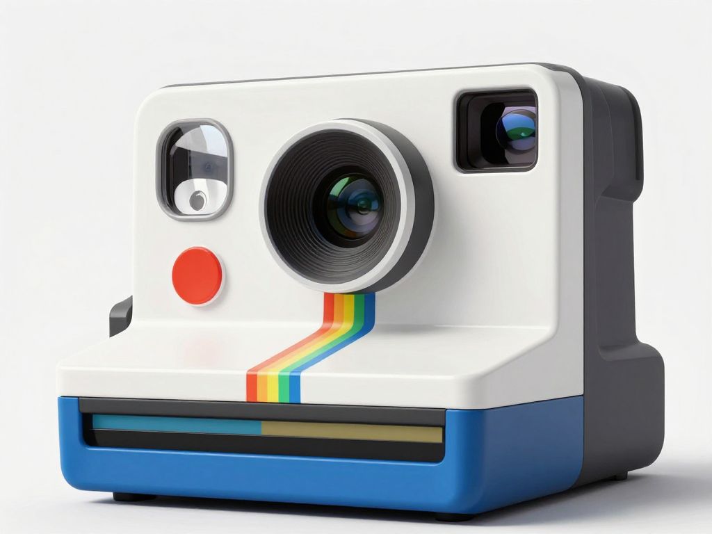 Interactive sculpture representing a Polaroid camera in a vibrant art space