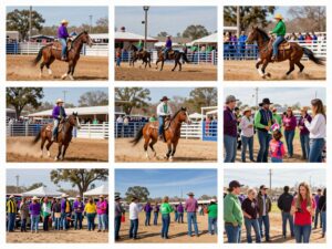 Colorful representation of Lake Houston February events with rodeos and Mardi Gras celebrations.