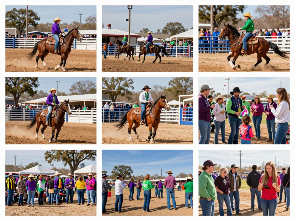 Colorful representation of Lake Houston February events with rodeos and Mardi Gras celebrations.