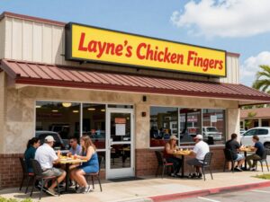 Exterior of Layne's Chicken Fingers restaurant in Rosenberg, Texas