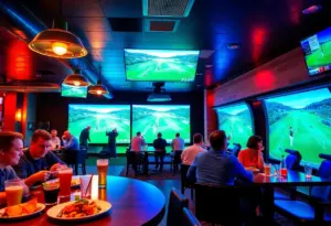 Inside Loft18 Sports Bar with golf simulators