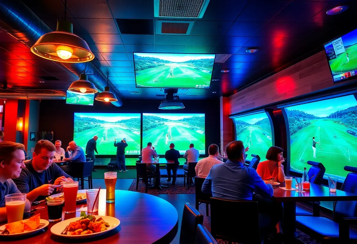 Inside Loft18 Sports Bar with golf simulators