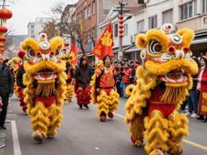 Colorful lion dance during Lunar New Year celebration in Houston