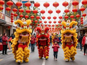 A bustling street filled with festive decorations and traditional performances during Lunar New Year celebrations in Houston.