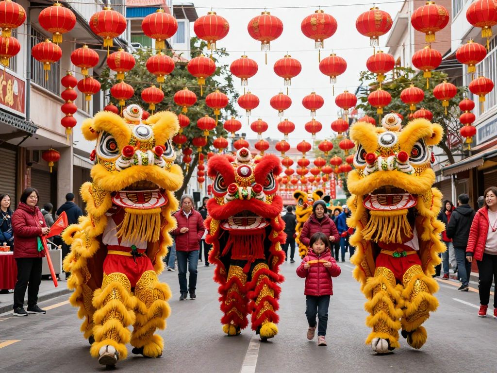 A bustling street filled with festive decorations and traditional performances during Lunar New Year celebrations in Houston.