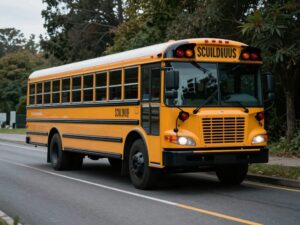School bus parked on a quiet road near Magnolia ISD