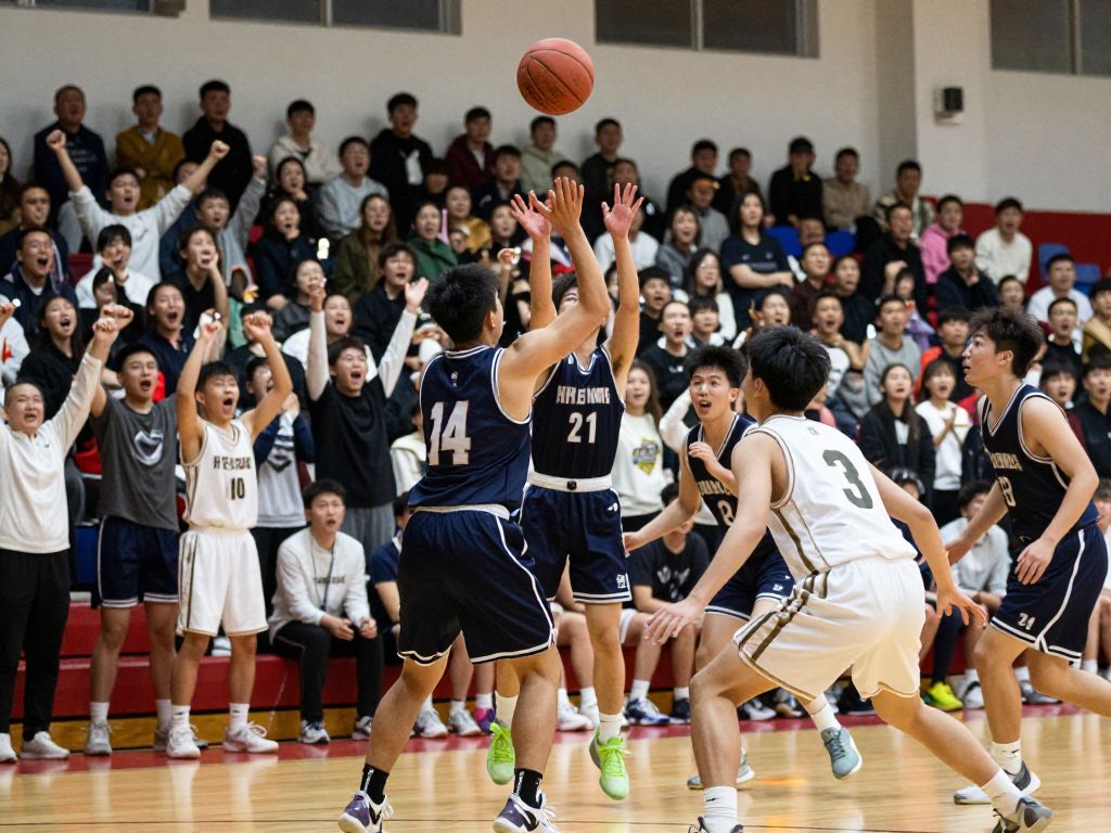 Action shot of a high school basketball game with players in motion.