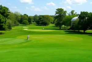 Aerial view of Memorial Park Golf Course with golfers in action.