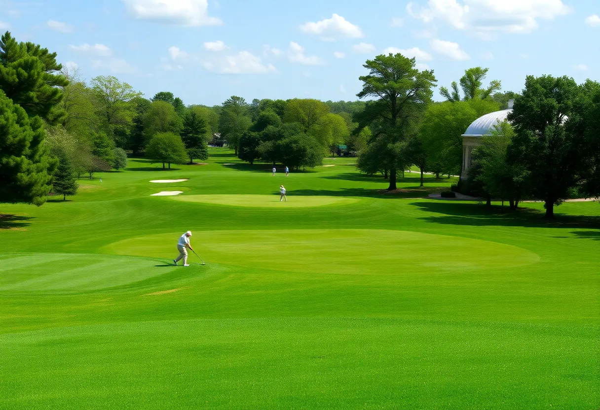 Aerial view of Memorial Park Golf Course with golfers in action.