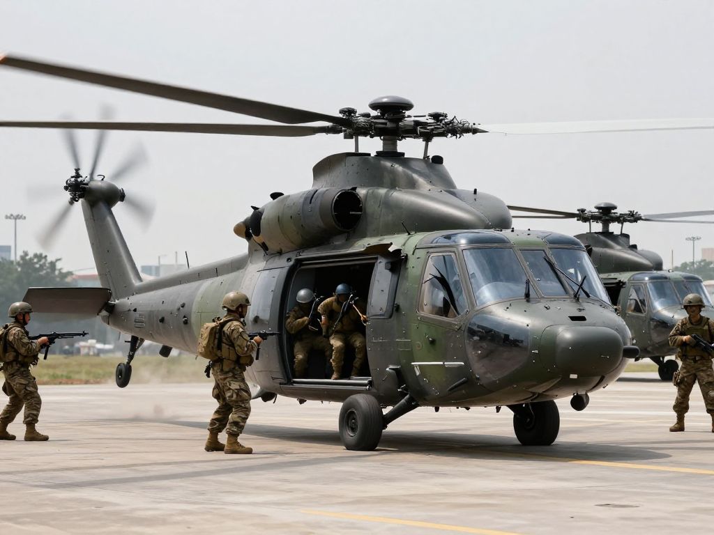 U.S. military operation scene involving helicopters and soldiers
