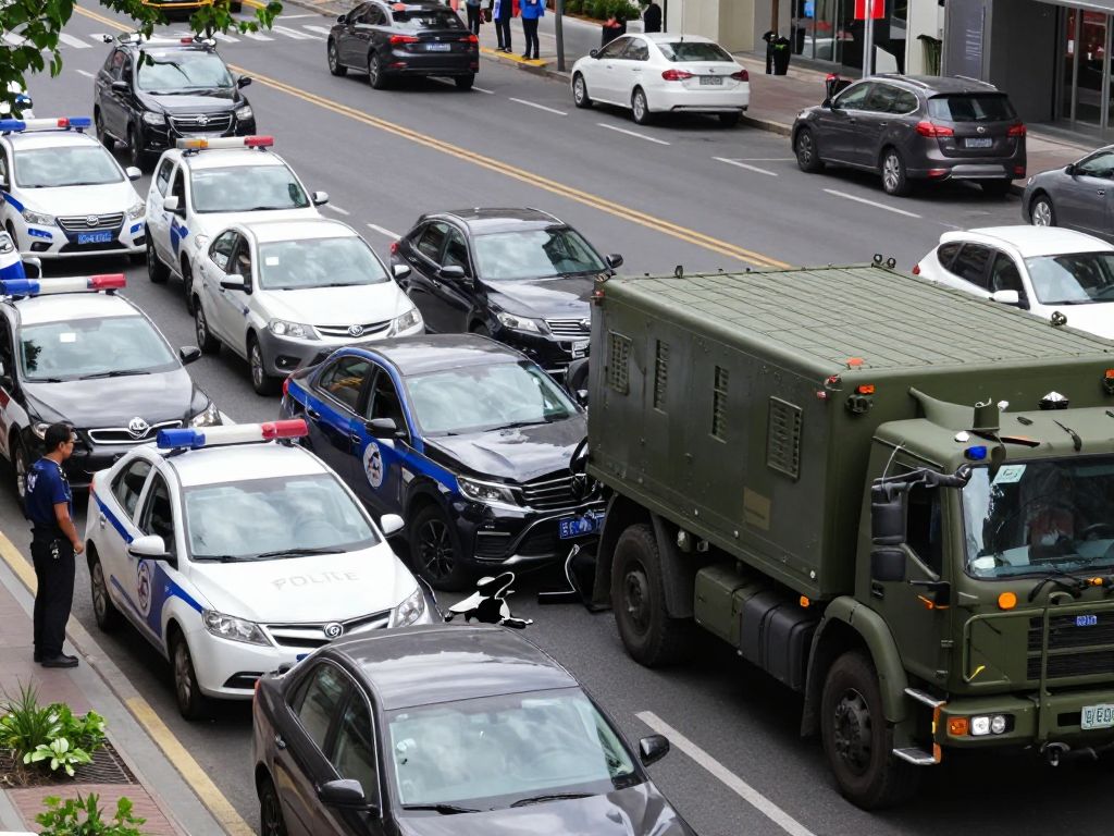 Police vehicles surrounding a military-style truck at a multi-vehicle accident scene in Houston.