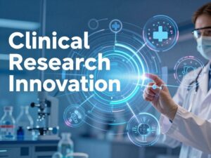 Abstract representation of clinical research innovation with technology and healthcare elements.