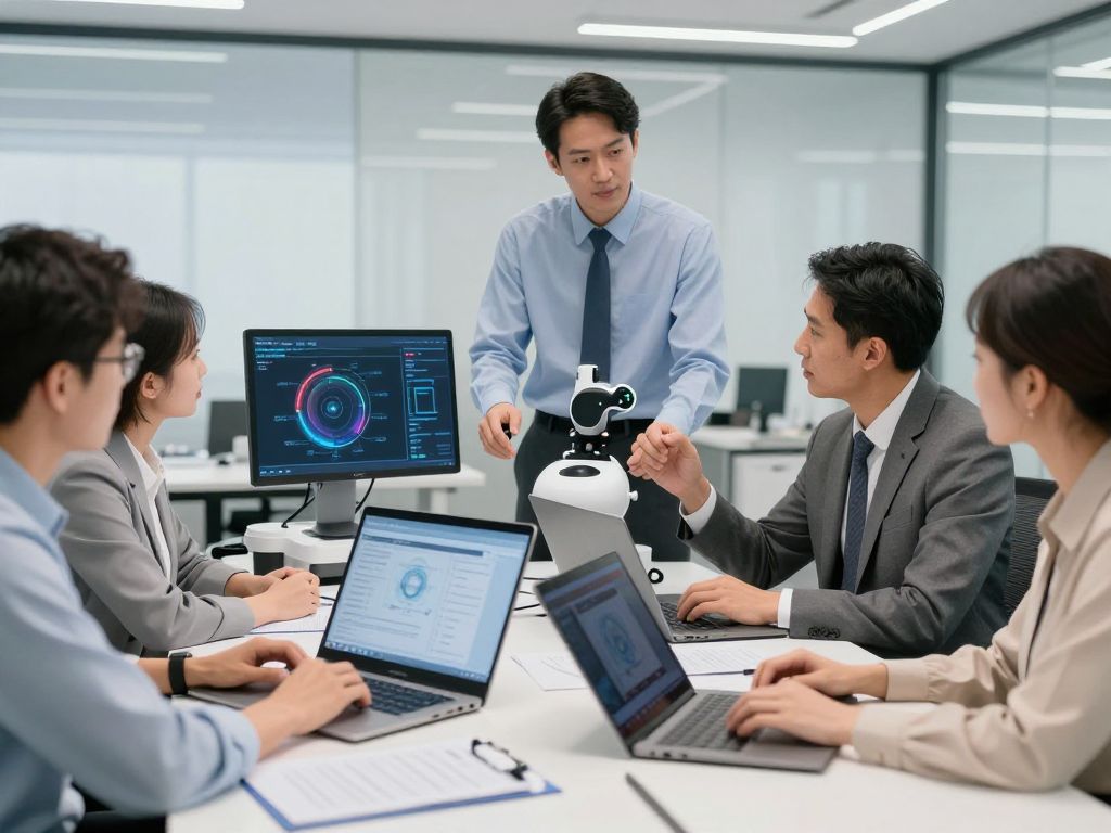 A team of professionals strategizing in a modern office environment, representing innovation and compliance.