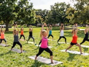 Group of people practicing yoga and Zumba in a Houston park