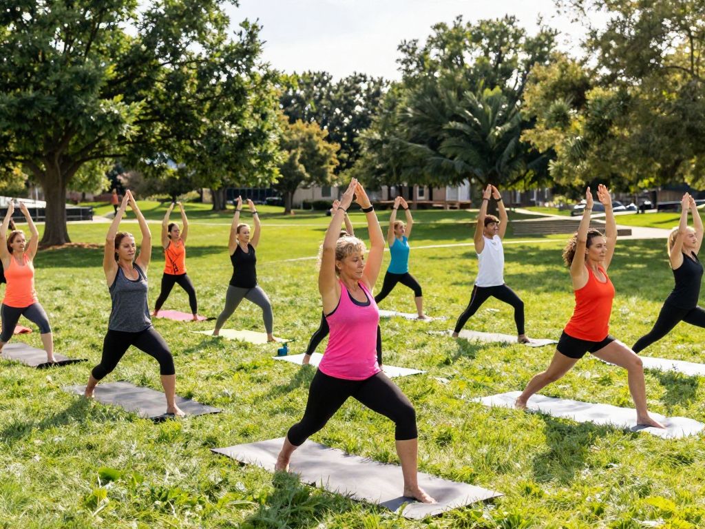 Group of people practicing yoga and Zumba in a Houston park