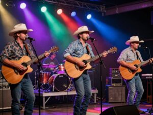 Musicians performing at a vibrant Texas country music concert.