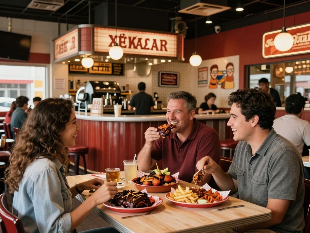 Interior of Pinkerton’s Barbecue showcasing nostalgic decor and happy diners.