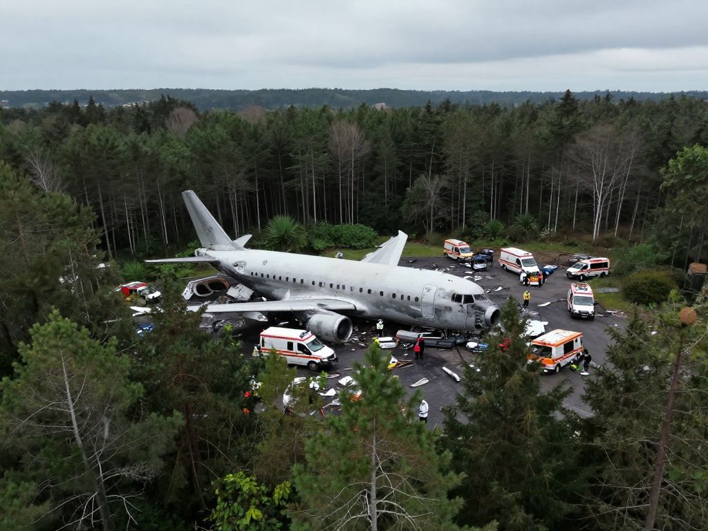 Aerial view of a plane crash site in Maine with emergency services responding.