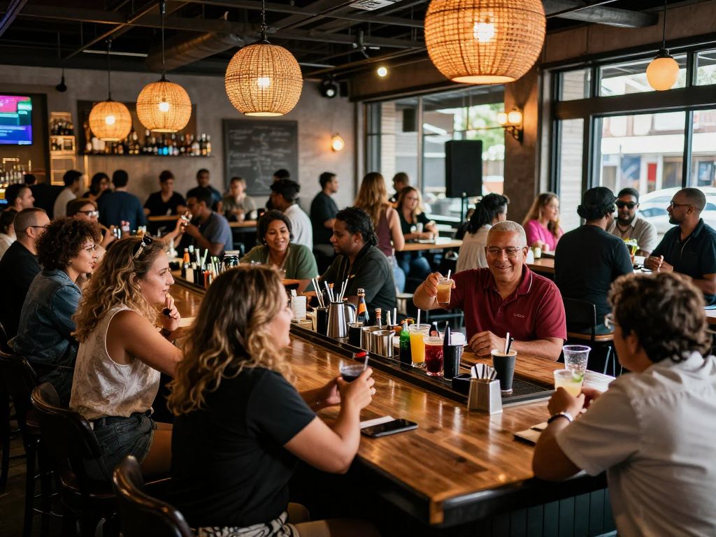 Interior view of Pretty Please Bar and Lounge with happy patrons