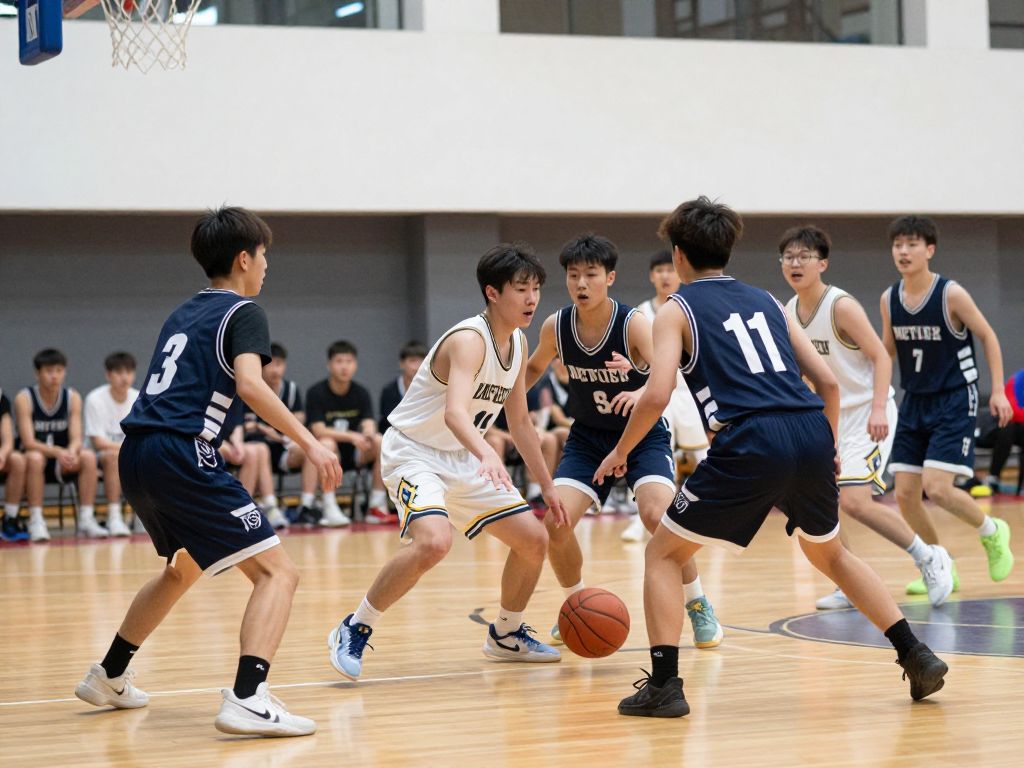 High school basketball players from Reagan High School competing on the court during a game.