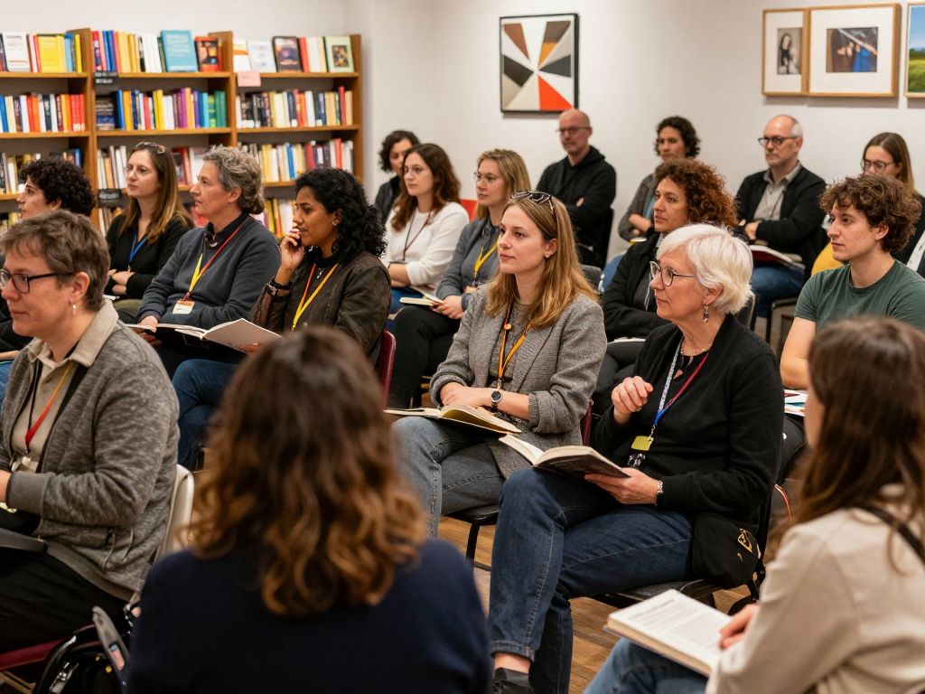 Audience captivated during a literary discussion event.