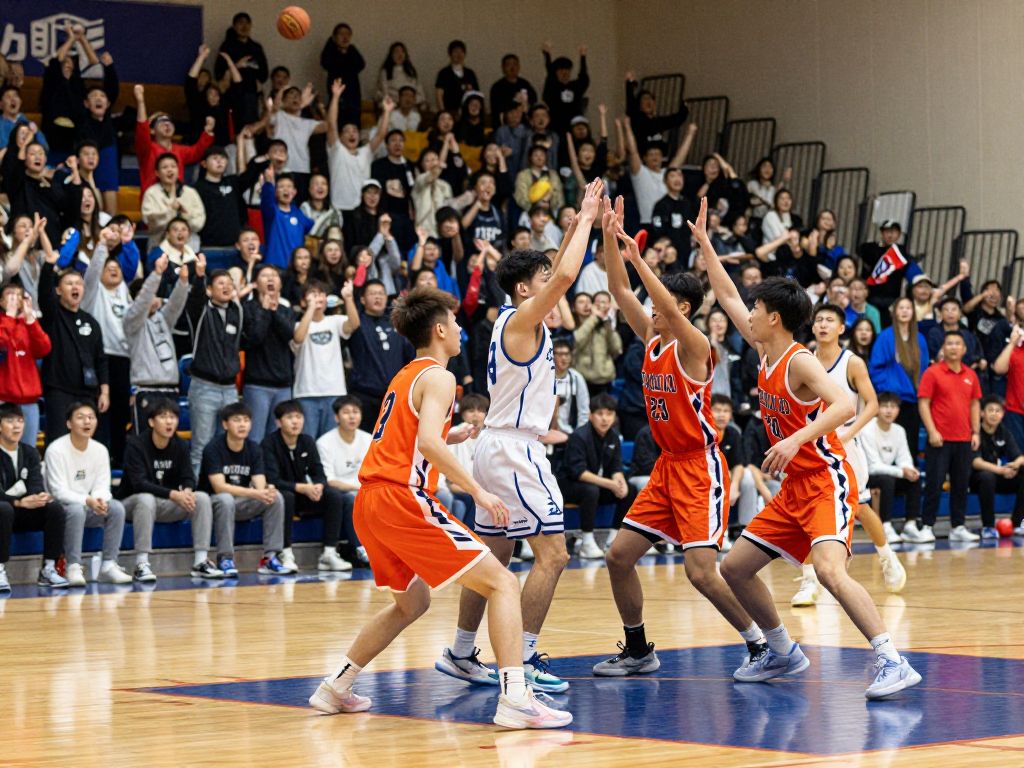 High school basketball teams in action during a game.