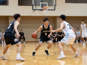 Second Baptist Eagles basketball players in action during a game.