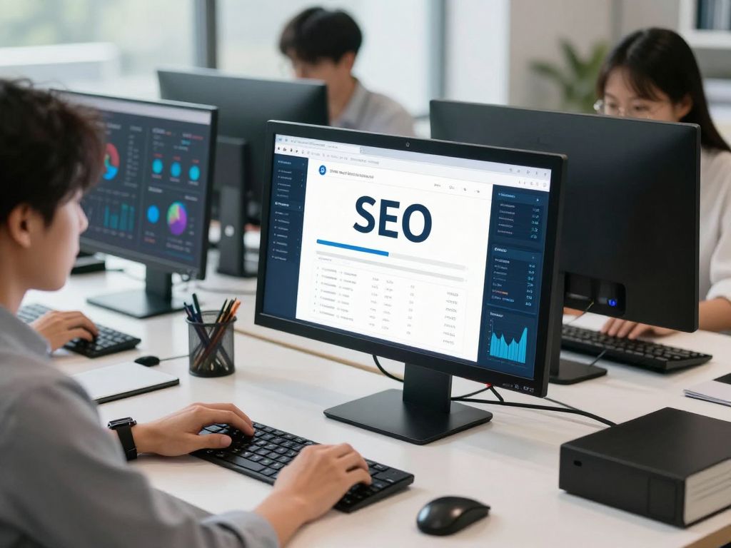 Digital workspace with SEO experts analyzing online visibility issues