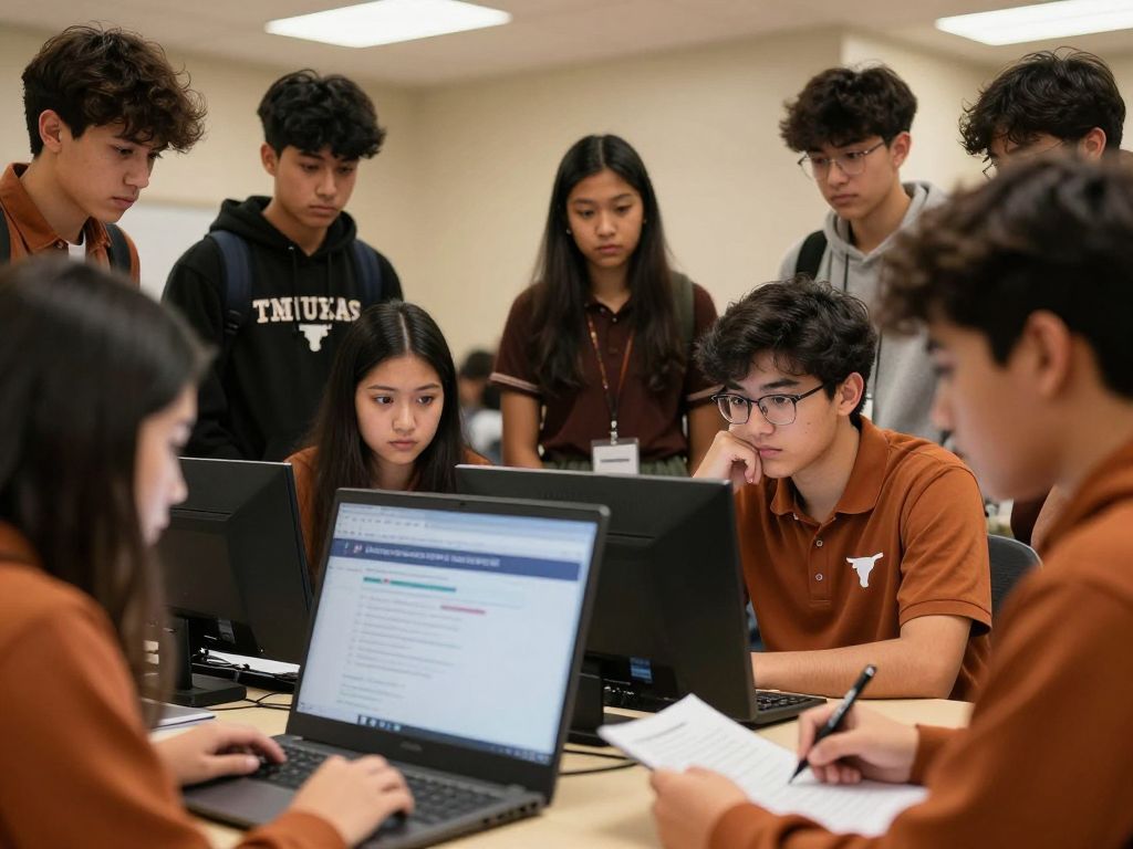 High school seniors checking admissions status at UT Austin