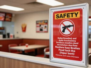 Interior view of a Taco Cabana restaurant with safety signage