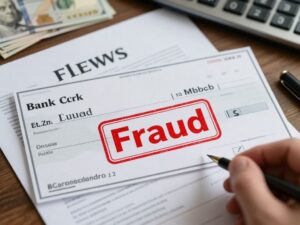 Fraudulent tax refund check on a desk with financial documents
