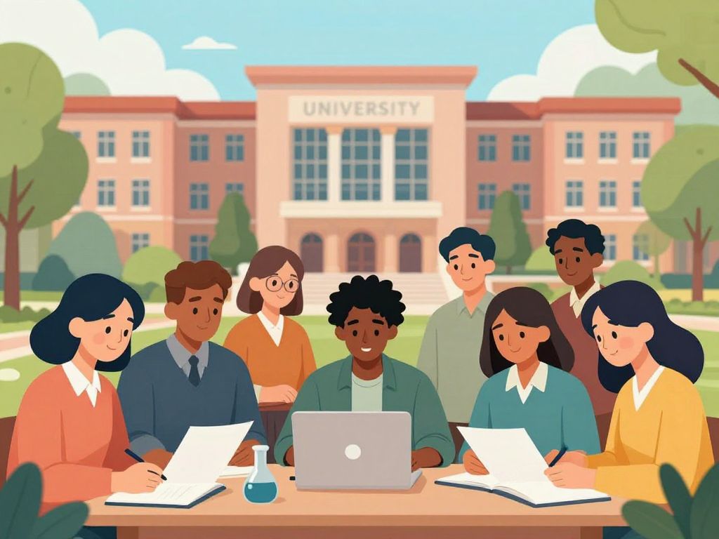 Illustration of a diverse group of international scholars at Texas A&M University campus