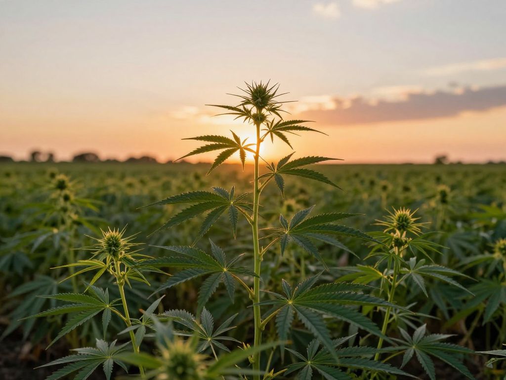A hemp farm in Texas showcasing vibrant hemp plants under a sunset.
