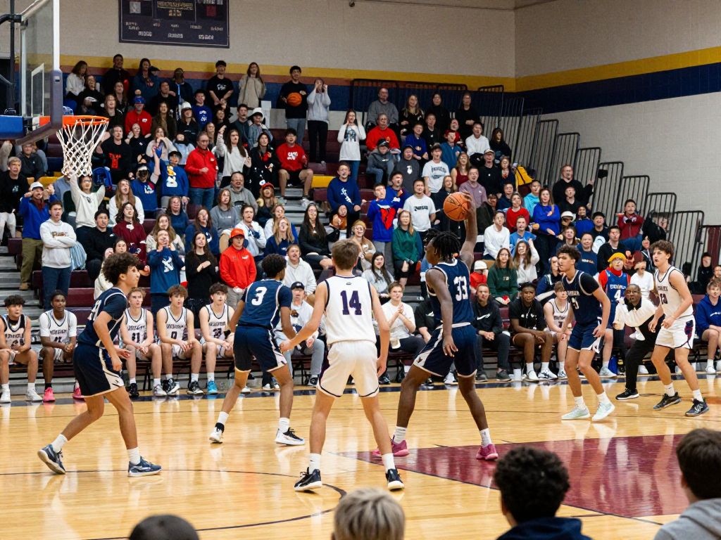 Exciting scene from a Texas high school basketball game with players in action.