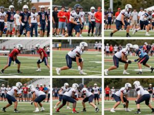 A vibrant scene of Texas high school football, showcasing players in practice on a football field.