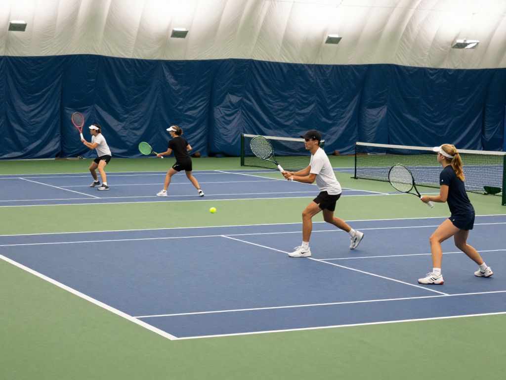 Texas Men's Tennis team celebrating their 7-0 victory at the indoor tennis center