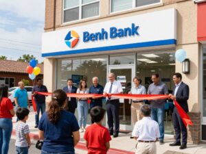 People celebrating outside the new Texas Regional Bank branch in Magnolia