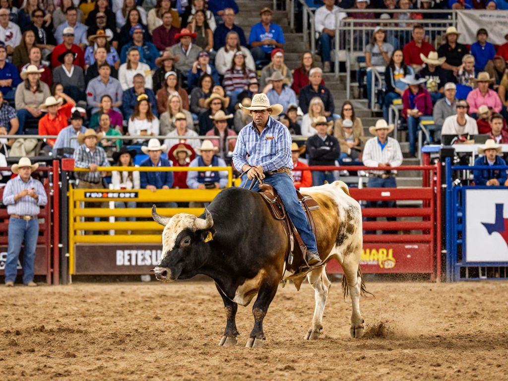 A lively Texas rodeo event with a bull and performers