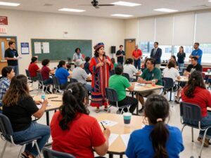 A diverse group of children and families at a school community event in Texas.