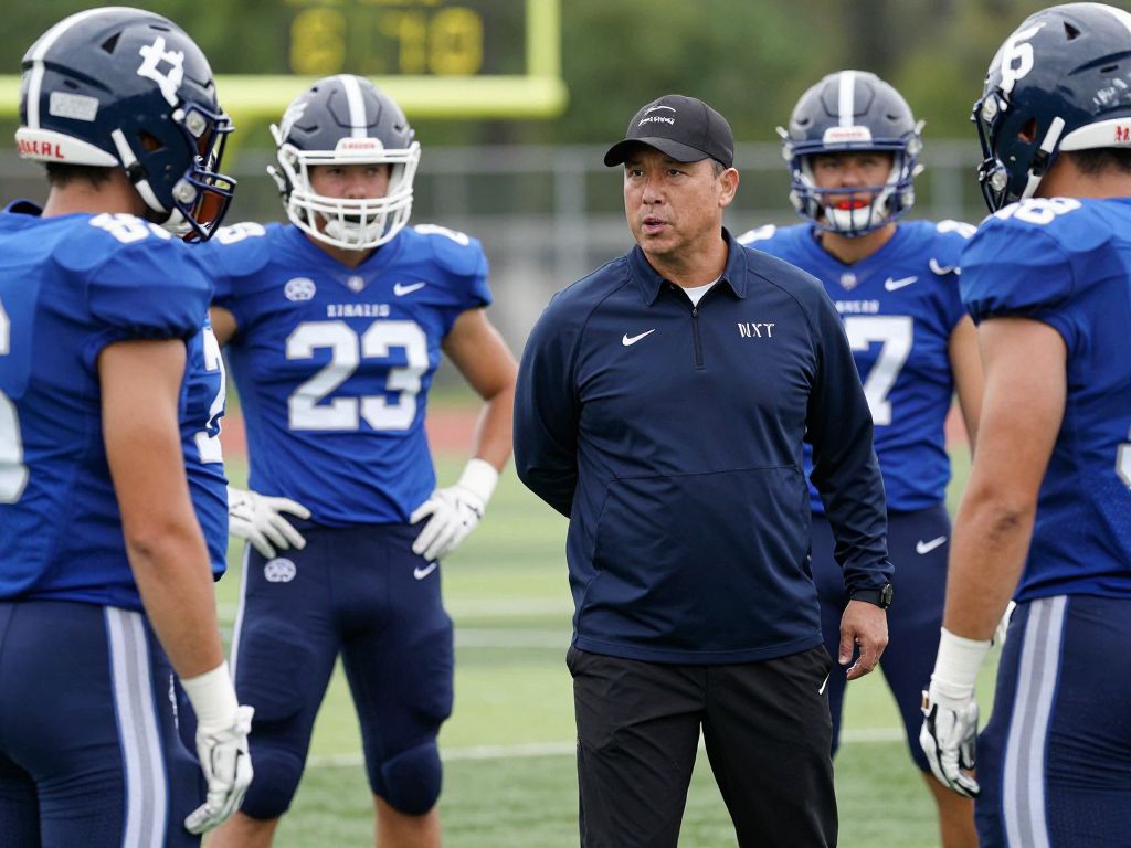 Football coach discussing strategy with players on the field