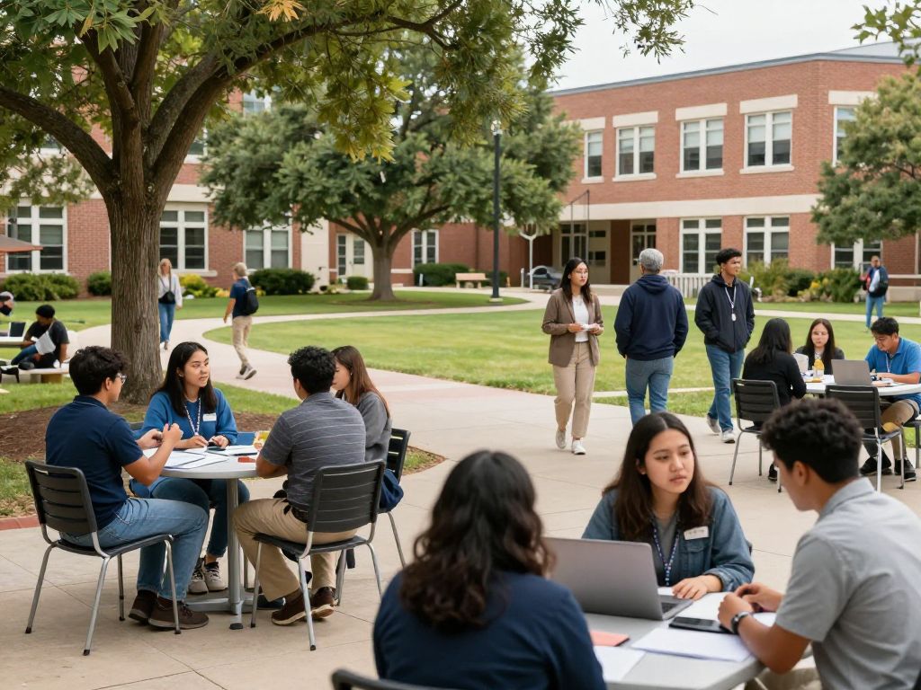 Students and faculty collaborating on campus in Texas